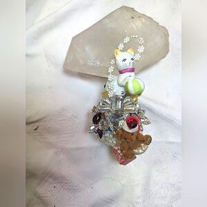 Wendy Gell Christmas Ornament OOAK Cat, Teddy Bear, Swarovski jewels